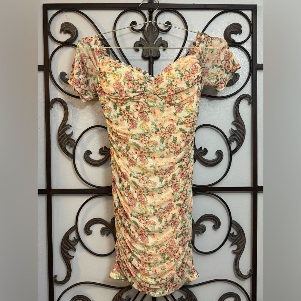 Beautiful Romantic Bodycon Floral Ruched Dress with Built In Bra
